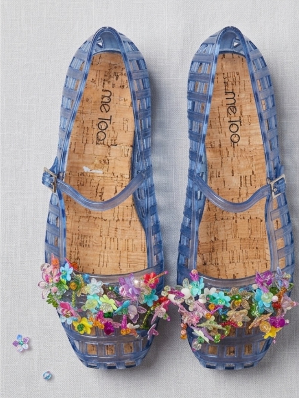 me too Blue Caged Mary Jane Flats with Multicolor Floral Embellishments